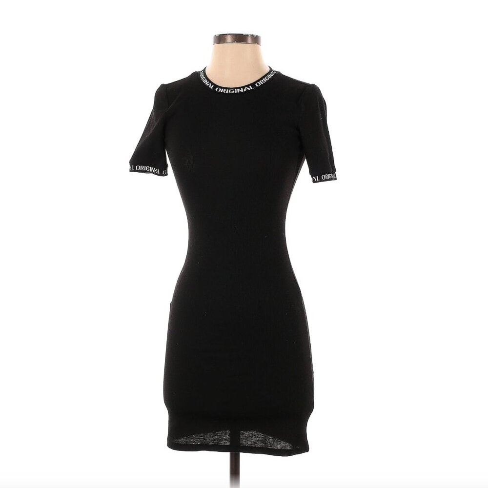 H&M Black Stretch Knit Mini Dress Short Sleeved "Original" Collar NWOT